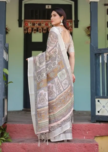 Soft Beige With Pastel Multicolor Artistic Motifs Linen Saree