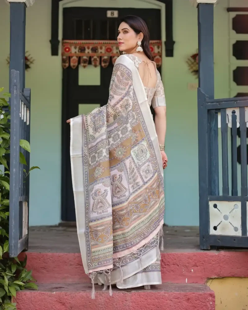 Soft Beige With Pastel Multicolor Artistic Motifs Linen Saree