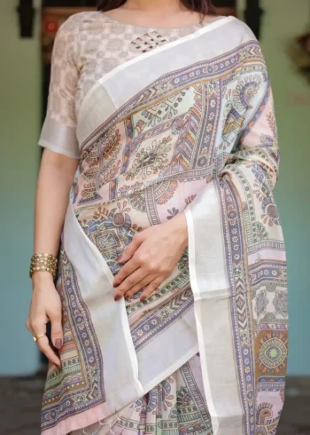 Soft Beige With Pastel Multicolor Artistic Motifs Linen Saree