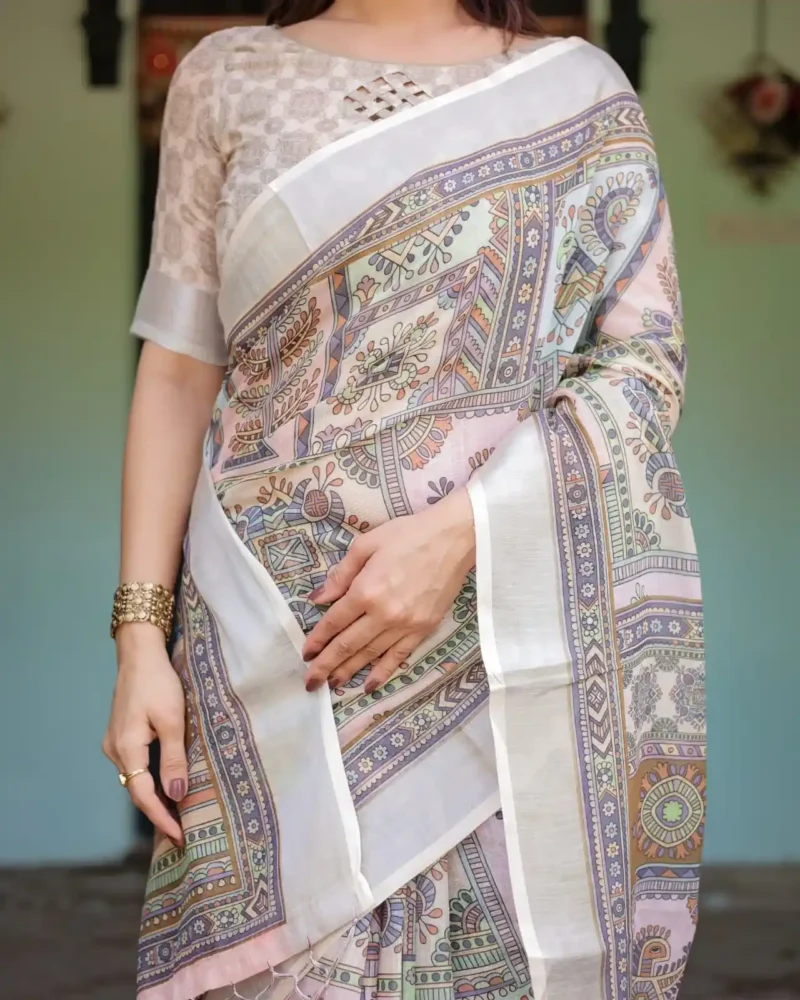 Soft Beige With Pastel Multicolor Artistic Motifs Linen Saree