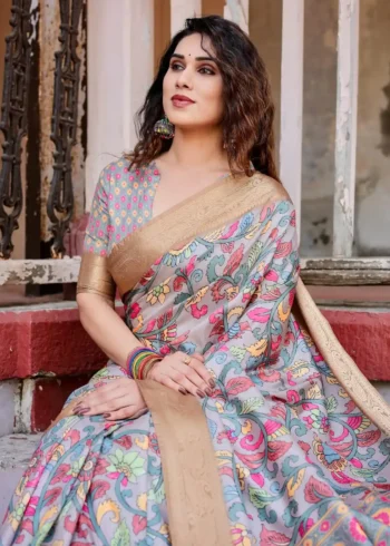Soft Blue Base Premium Tussar Silk Saree