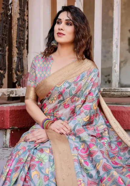 Soft Blue Base Premium Tussar Silk Saree