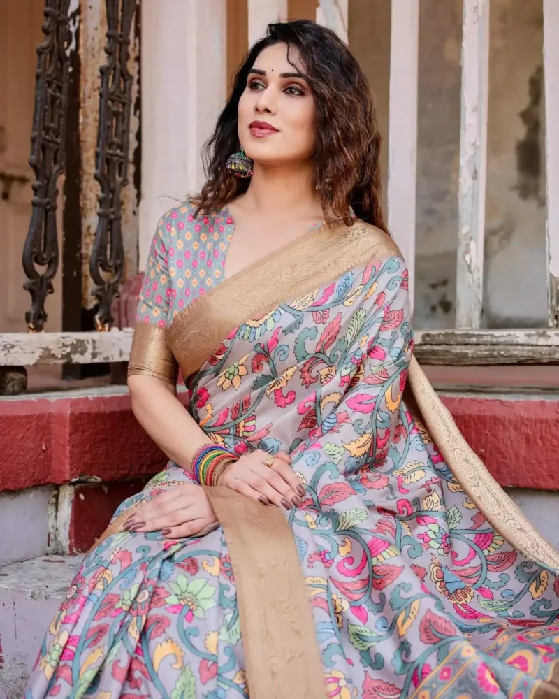 Soft Blue Base Premium Tussar Silk Saree