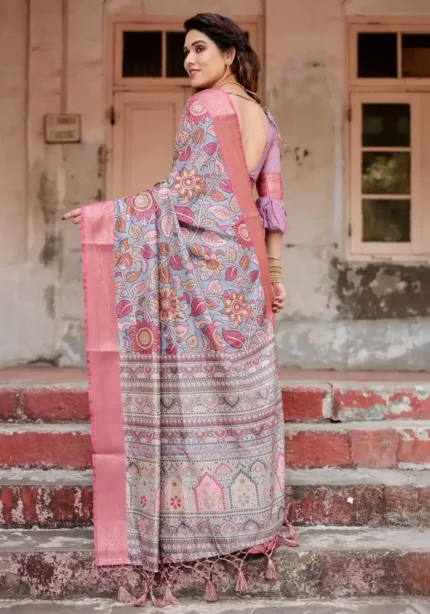 Soft Blue Base Premium Tussar Silk Saree