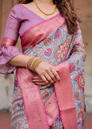 Soft Blue Base Premium Tussar Silk Saree