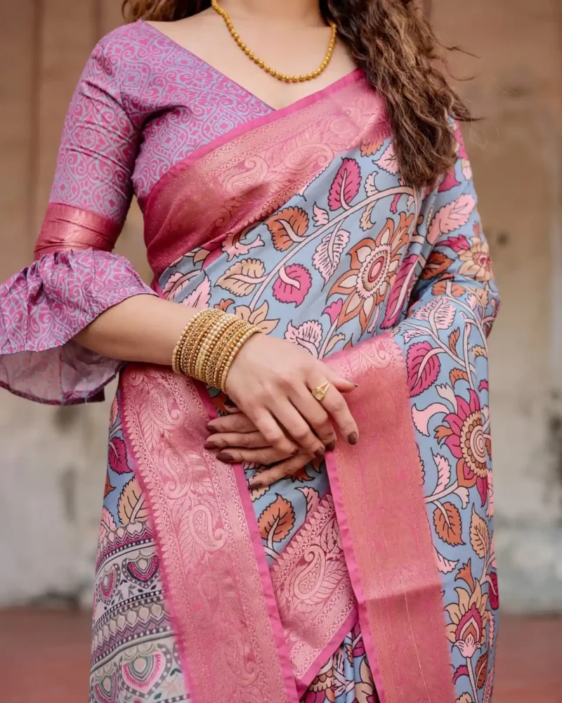 Soft Blue Base Premium Tussar Silk Saree