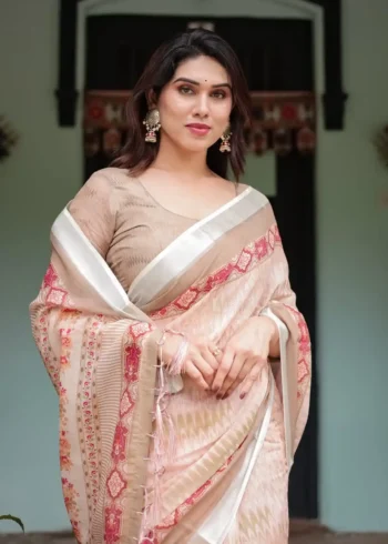 Soft Breathable Beige Peach Linen Saree