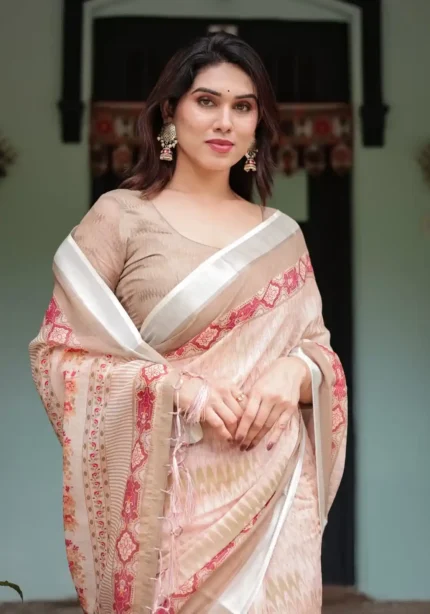 Soft Breathable Beige Peach Linen Saree