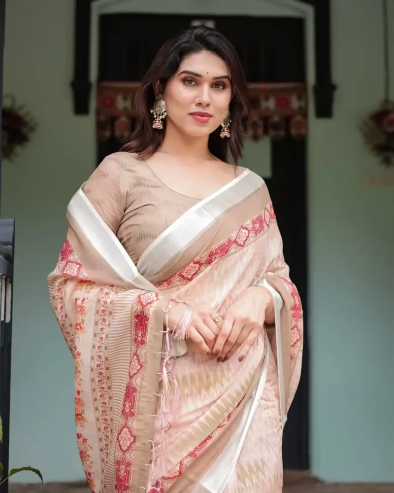 Soft Breathable Beige Peach Linen Saree