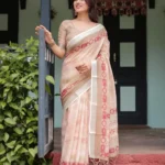 Soft Breathable Beige Peach Linen Saree