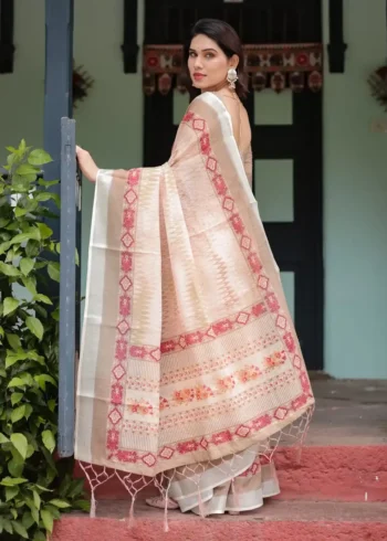 Soft Breathable Beige Peach Linen Saree