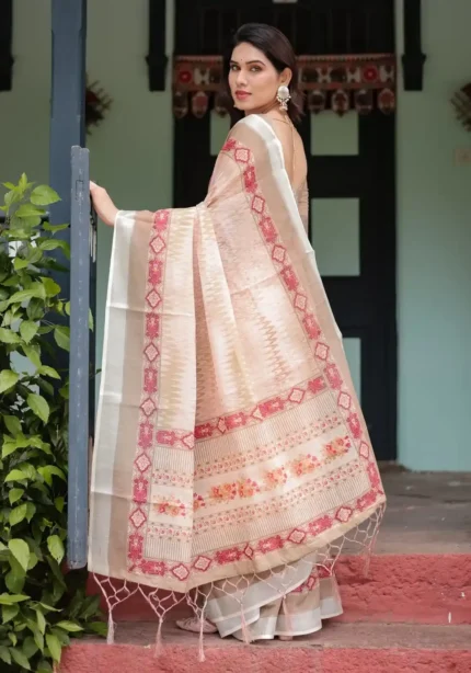 Soft Breathable Beige Peach Linen Saree