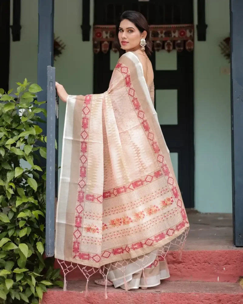 Soft Breathable Beige Peach Linen Saree