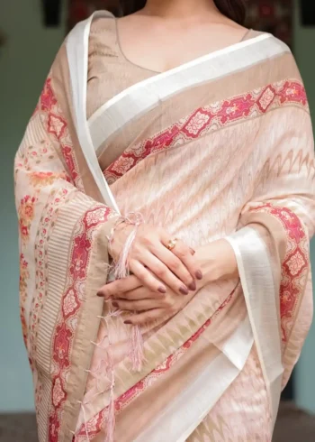 Soft Breathable Beige Peach Linen Saree