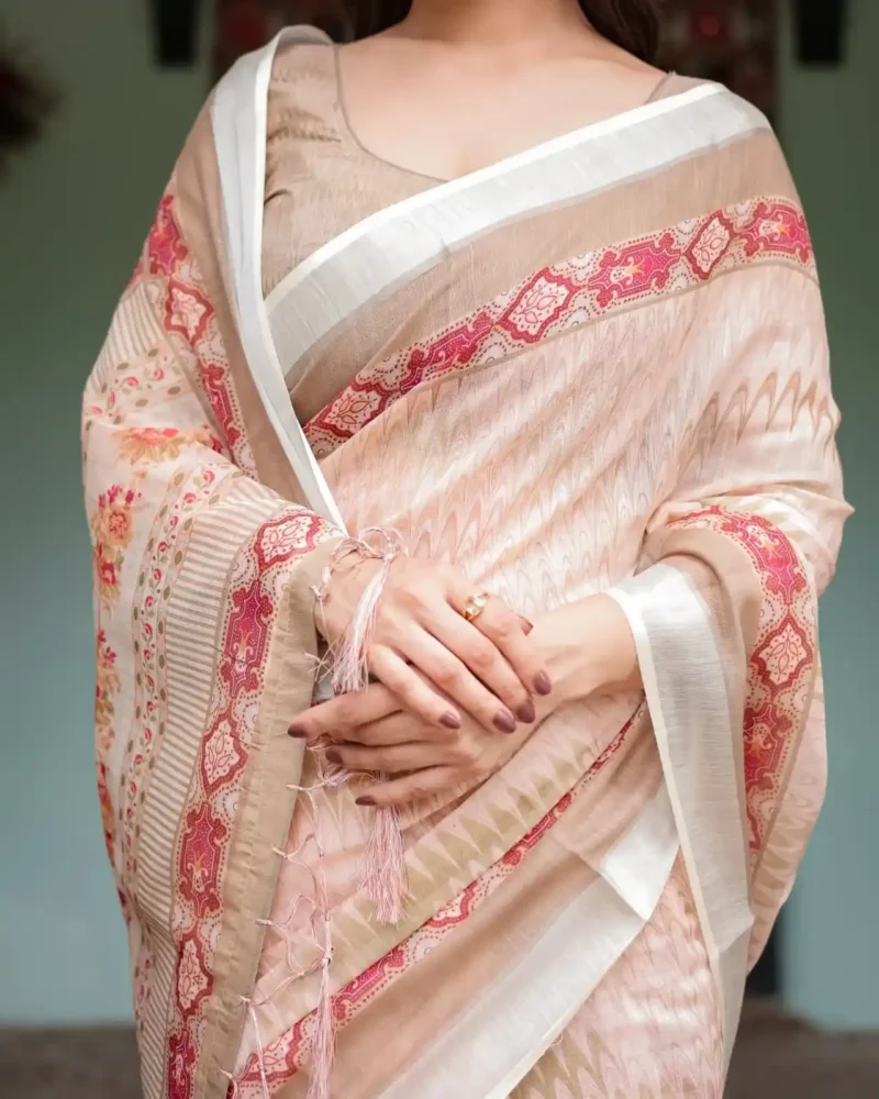 Soft Breathable Beige Peach Linen Saree