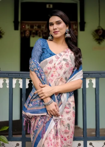 Soft Cream Pure Linen Saree for School Uniform