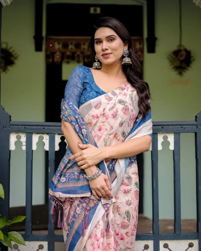 Soft Cream Pure Linen Saree for School Uniform