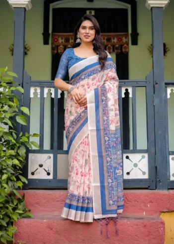 Soft Cream Pure Linen Saree for School Uniform