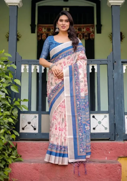 Soft Cream Pure Linen Saree for School Uniform