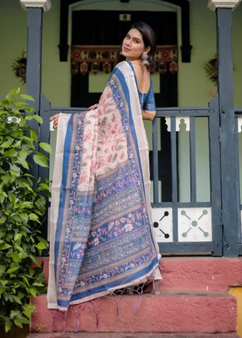 Soft Cream Pure Linen Saree for School Uniform