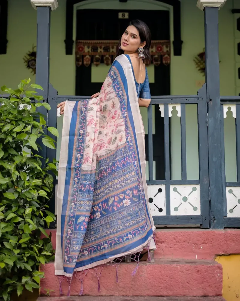 Soft Cream Pure Linen Saree for School Uniform
