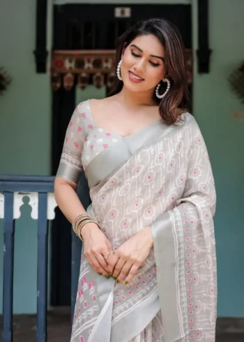 Soft Grey Pure Linen Saree With Tassels