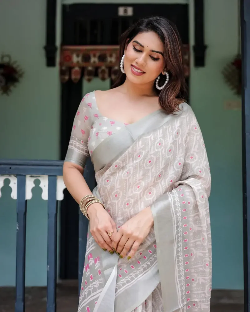 Soft Grey Pure Linen Saree With Tassels