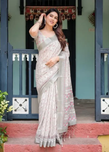 Soft Grey Pure Linen Saree With Tassels