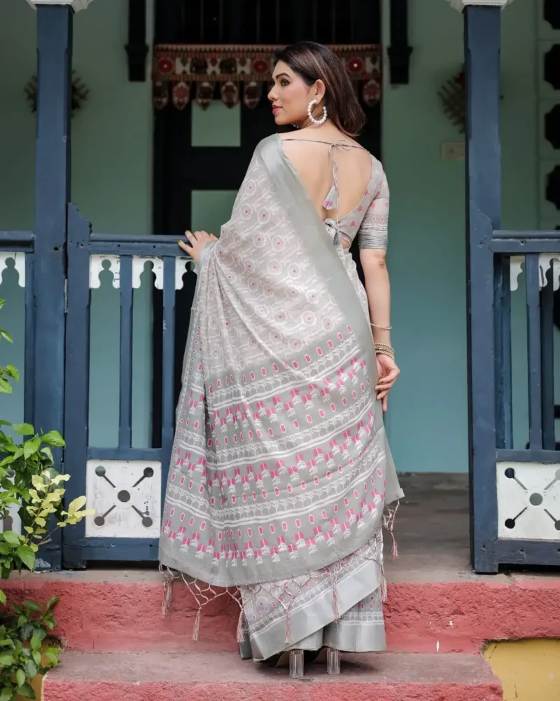 Soft Grey Pure Linen Saree With Tassels