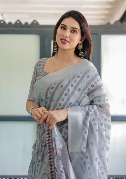 Soft Grey With Multi Color Ikat Print Linen Saree