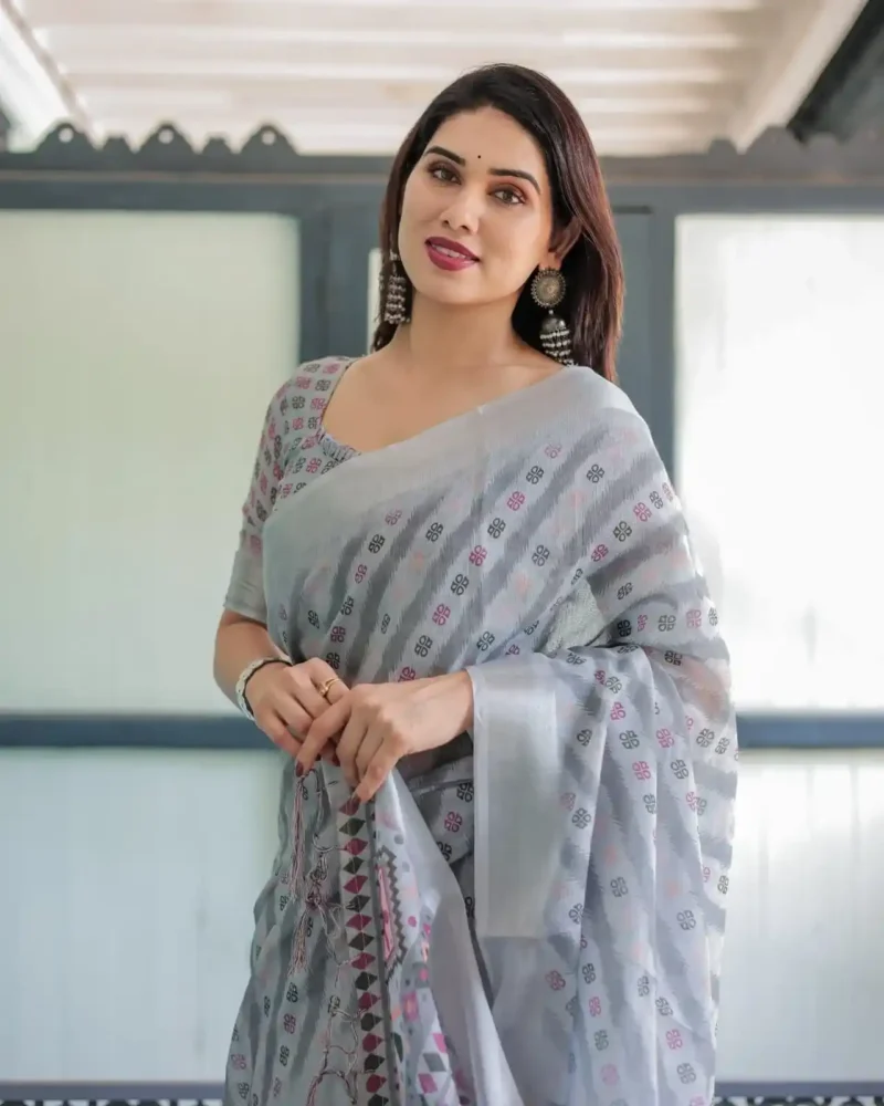 Soft Grey With Multi Color Ikat Print Linen Saree