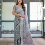 Soft Grey With Multi Color Ikat Print Linen Saree