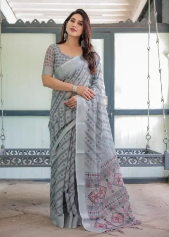 Soft Grey With Multi Color Ikat Print Linen Saree