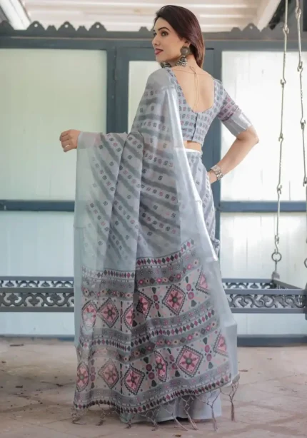 Soft Grey With Multi Color Ikat Print Linen Saree