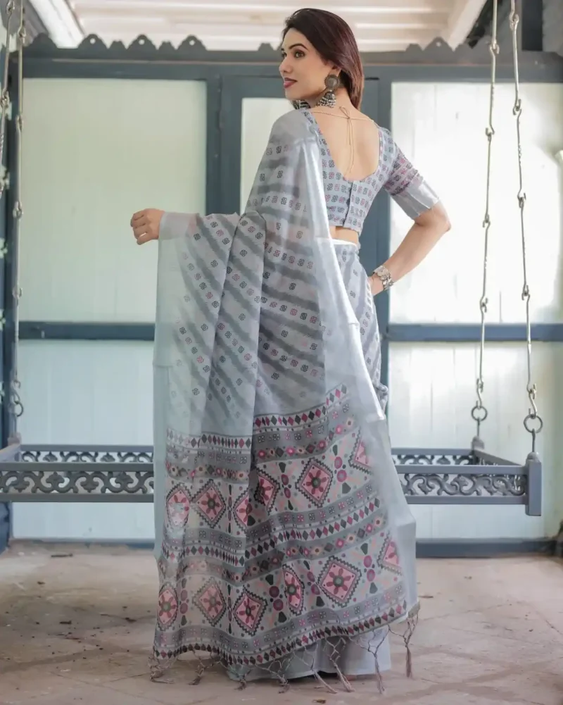 Soft Grey With Multi Color Ikat Print Linen Saree