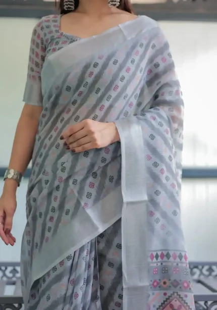 Soft Grey With Multi Color Ikat Print Linen Saree