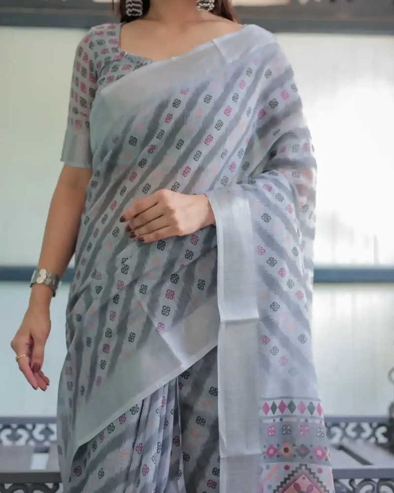 Soft Grey With Multi Color Ikat Print Linen Saree