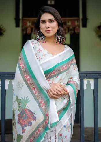 Soft Ivory Colour Pure Linen Saree For School Uniform
