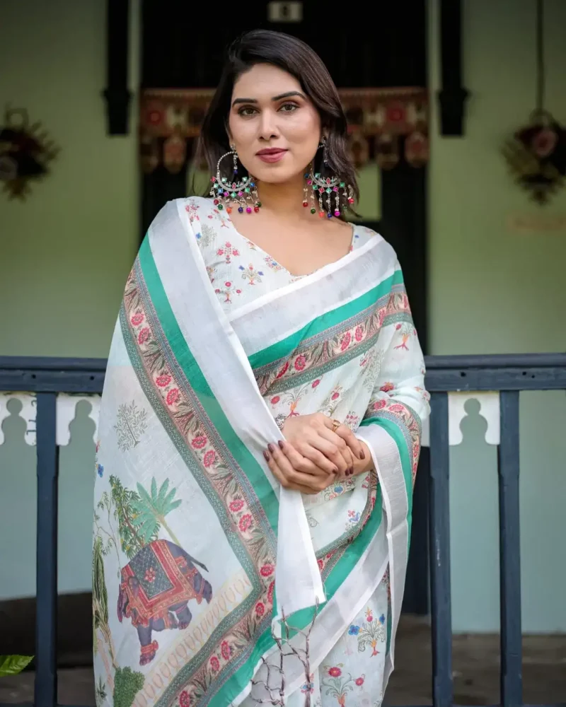 Soft Ivory Colour Pure Linen Saree For School Uniform