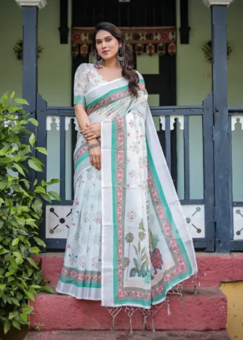 Soft Ivory Colour Pure Linen Saree For School Uniform