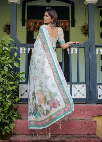Soft Ivory Colour Pure Linen Saree For School Uniform