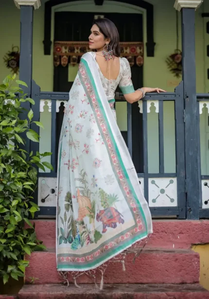 Soft Ivory Colour Pure Linen Saree For School Uniform