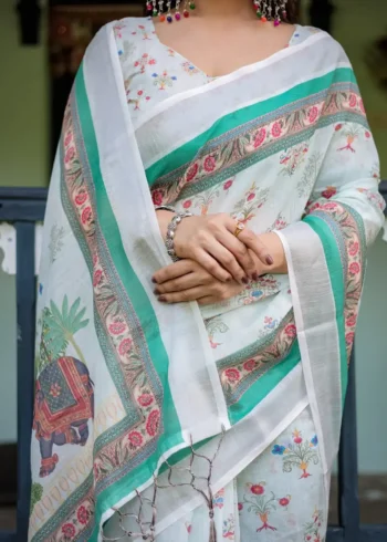 Soft Ivory Colour Pure Linen Saree For School Uniform