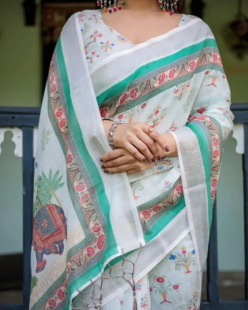 Soft Ivory Colour Pure Linen Saree For School Uniform