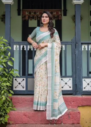 Soft Ivory Floral Printed Pure Linen Saree With Tassels