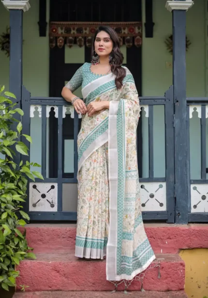 Soft Ivory Floral Printed Pure Linen Saree With Tassels