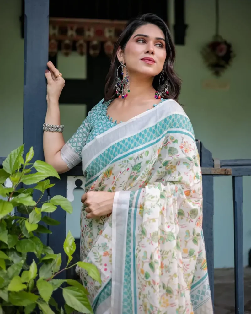 Soft Ivory Floral Printed Pure Linen Saree With Tassels