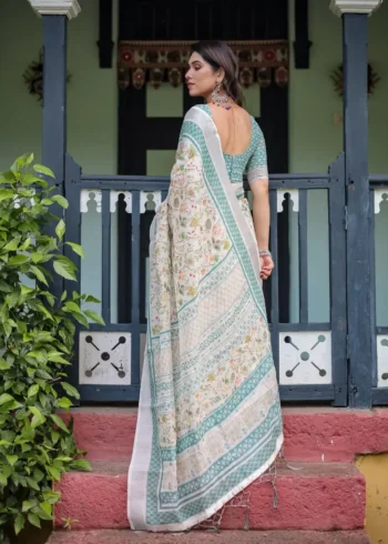 Soft Ivory Floral Printed Pure Linen Saree With Tassels