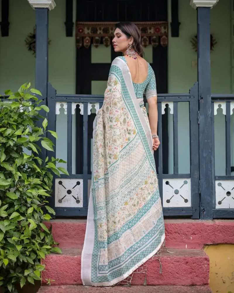 Soft Ivory Floral Printed Pure Linen Saree With Tassels