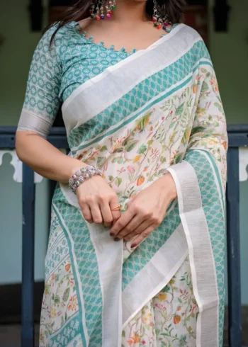 Soft Ivory Floral Printed Pure Linen Saree With Tassels